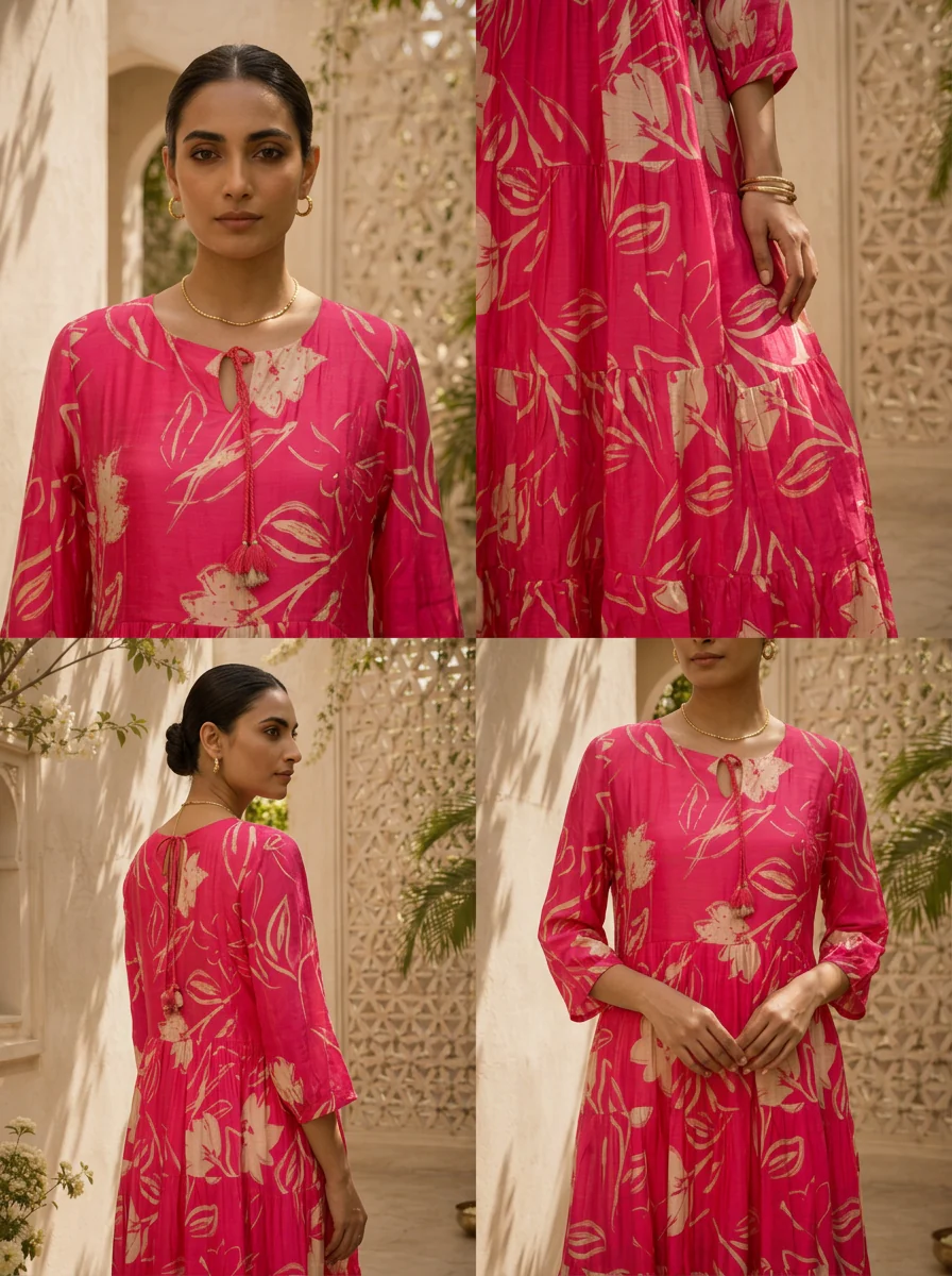 Magenta Floral Printed Muslin Long Dress - Image 6