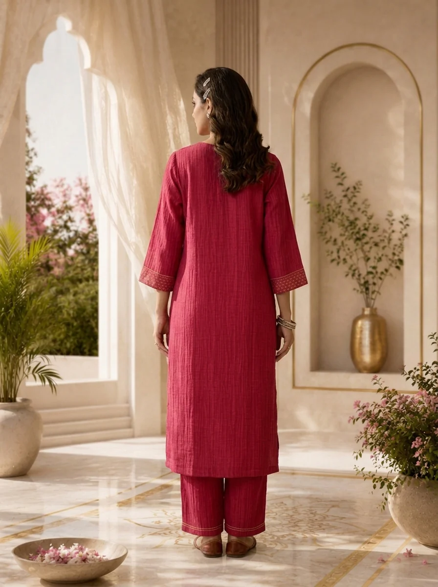 Magenta Floral Thread Embroidery Linen Two Piece Set - Image 3