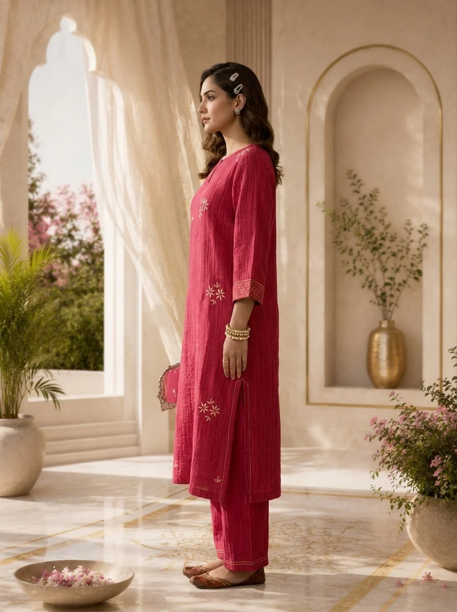 Magenta Floral Thread Embroidery Linen Two Piece Set - Image 4