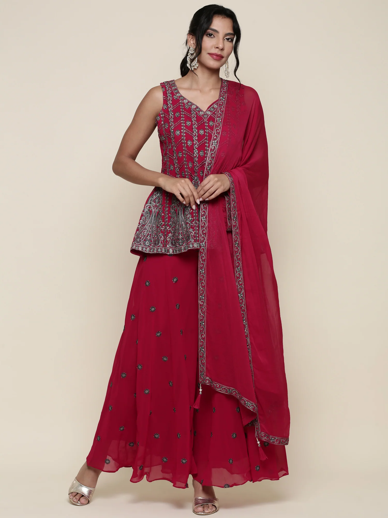 Magenta georgette embroidered peplum and palazoo Three piece set