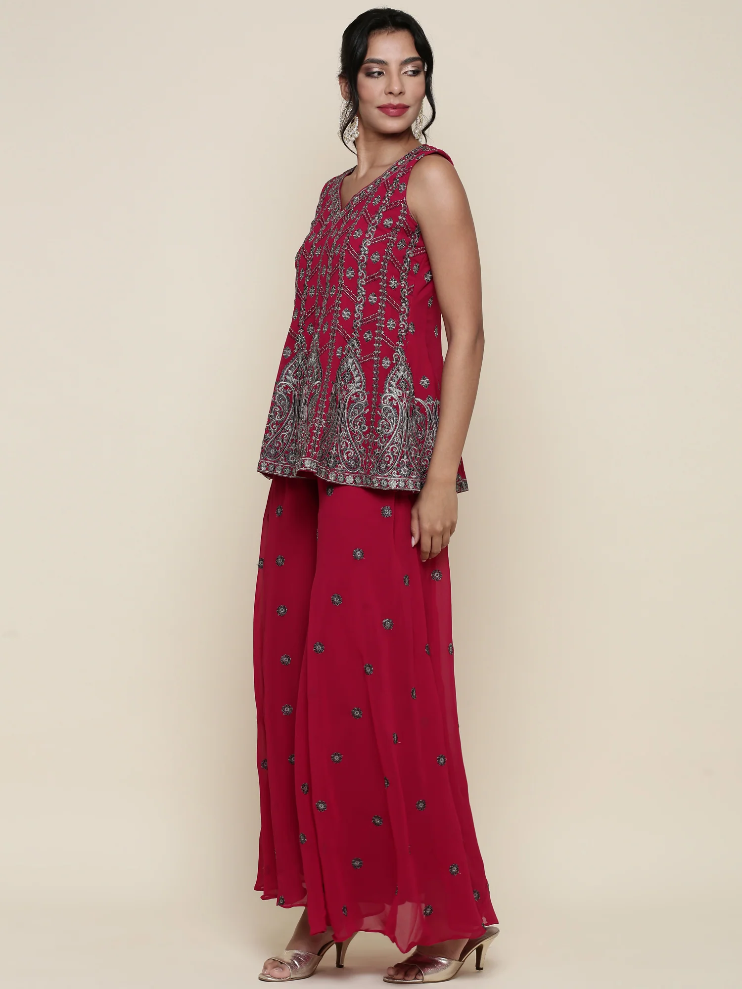 Magenta georgette embroidered peplum and palazoo Three piece set - Image 3