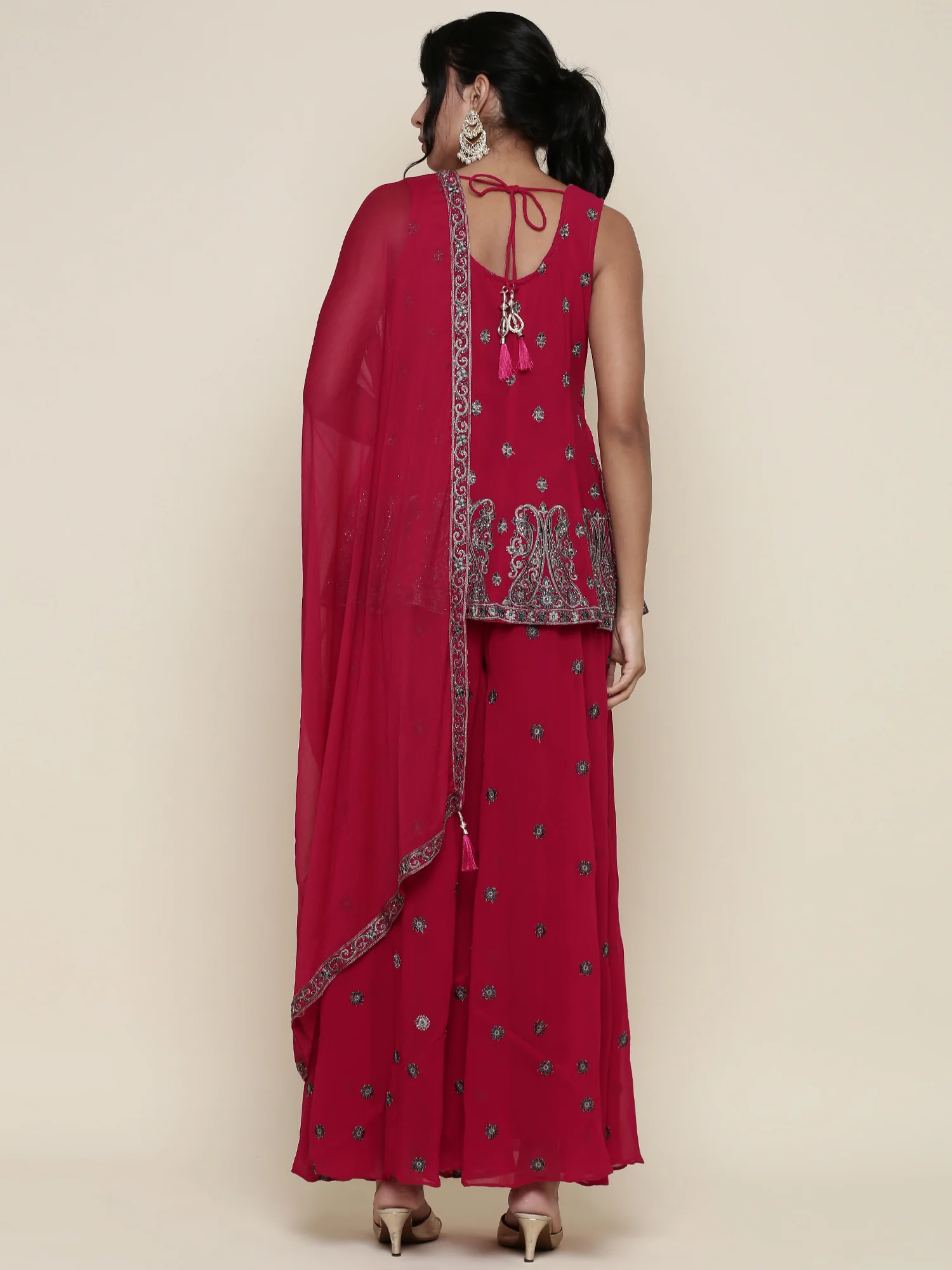Magenta georgette embroidered peplum and palazoo Three piece set - Image 4