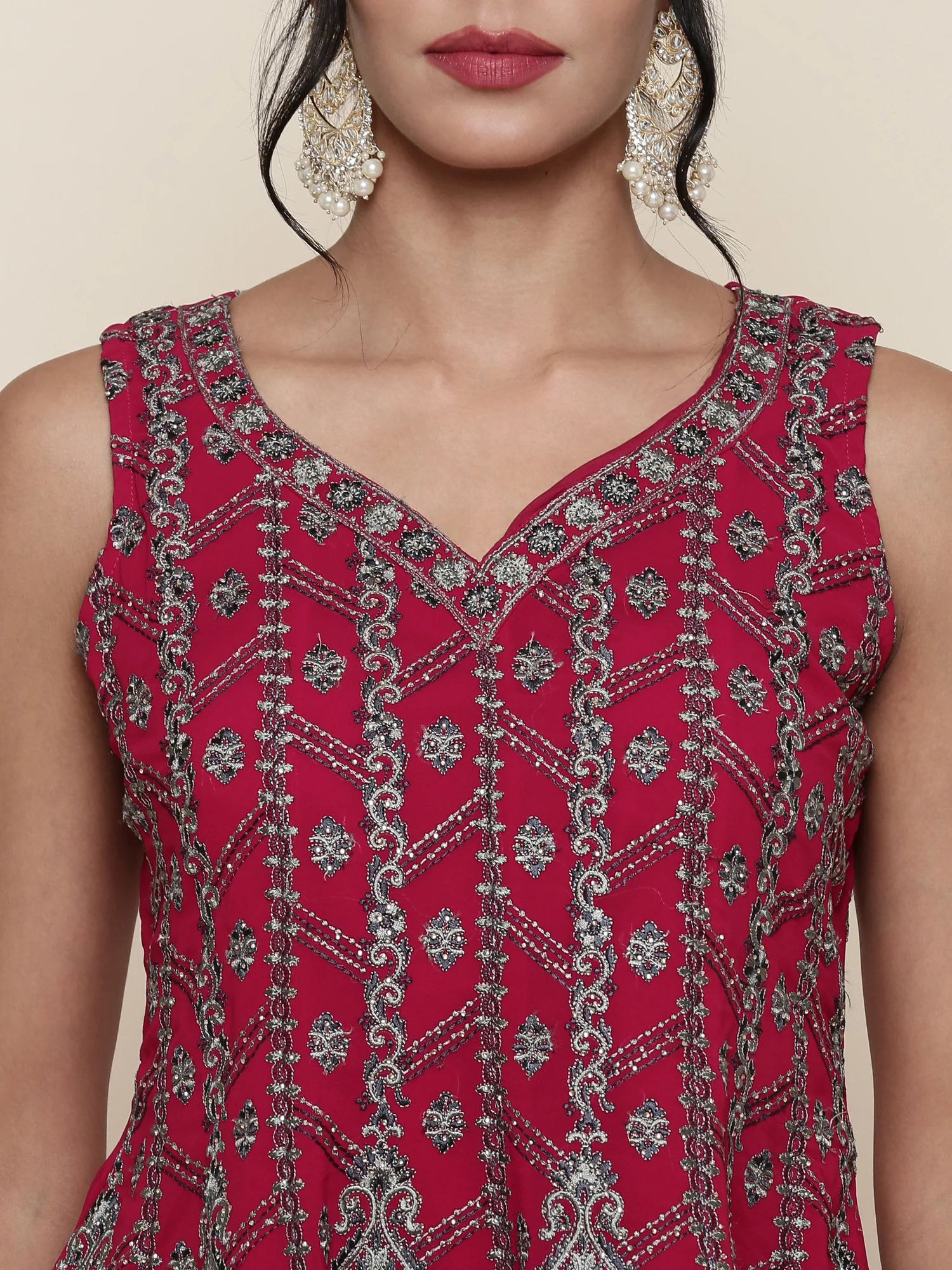 Magenta georgette embroidered peplum and palazoo Three piece set - Image 5