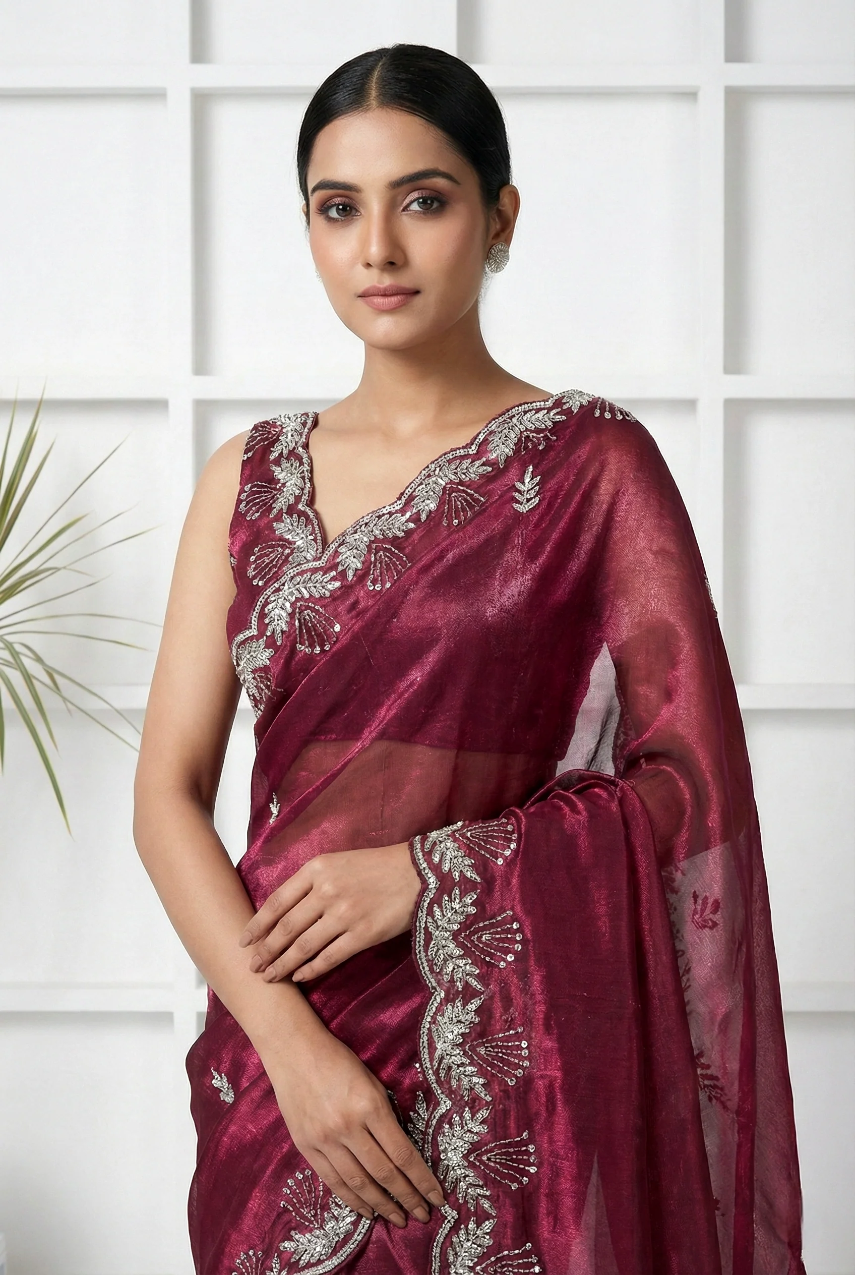 Magenta Jimmy Choo Aari Embroidery Saree - Image 2