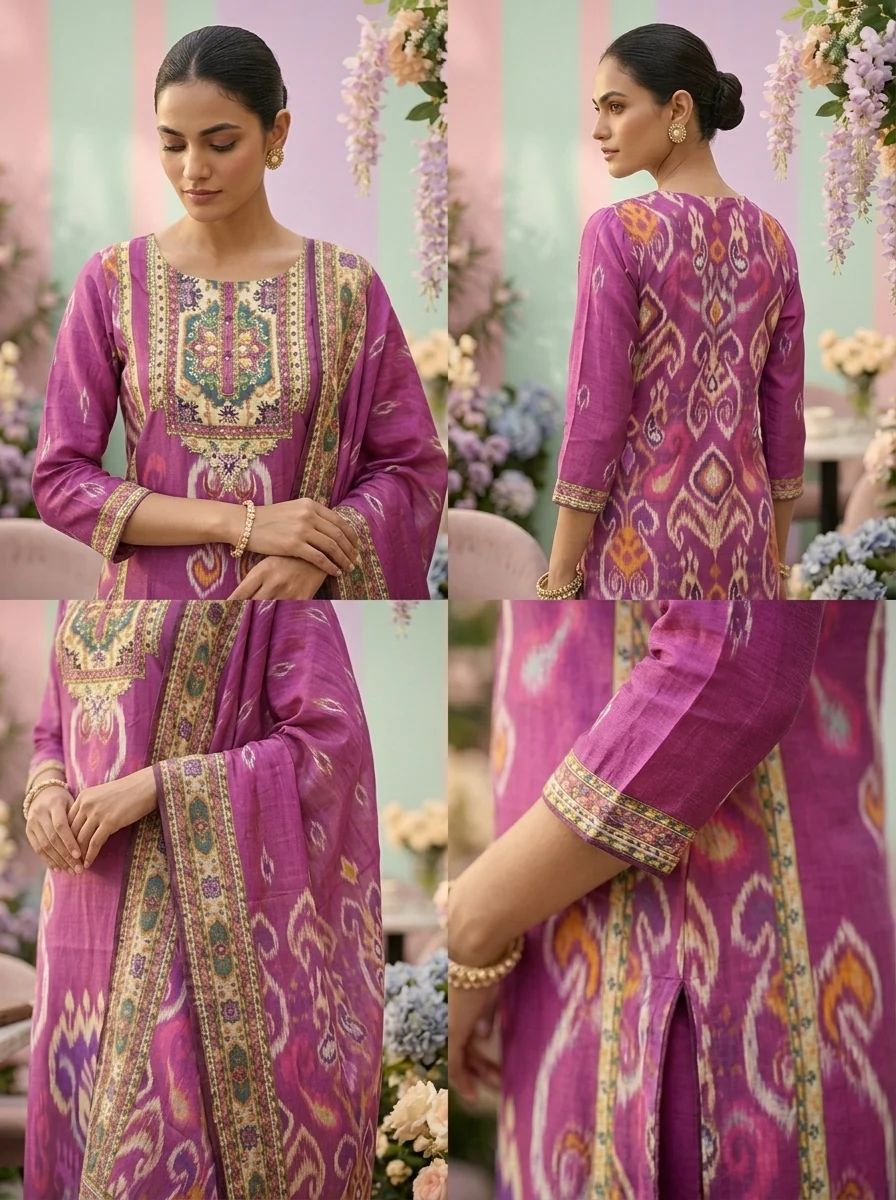 Magenta Muslin Beads And Stone Embroidery Three Piece Set - Image 3