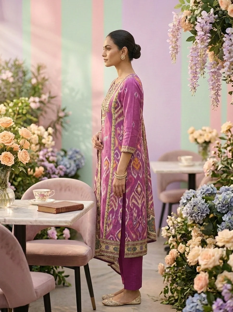 Magenta Muslin Beads And Stone Embroidery Three Piece Set - Image 4