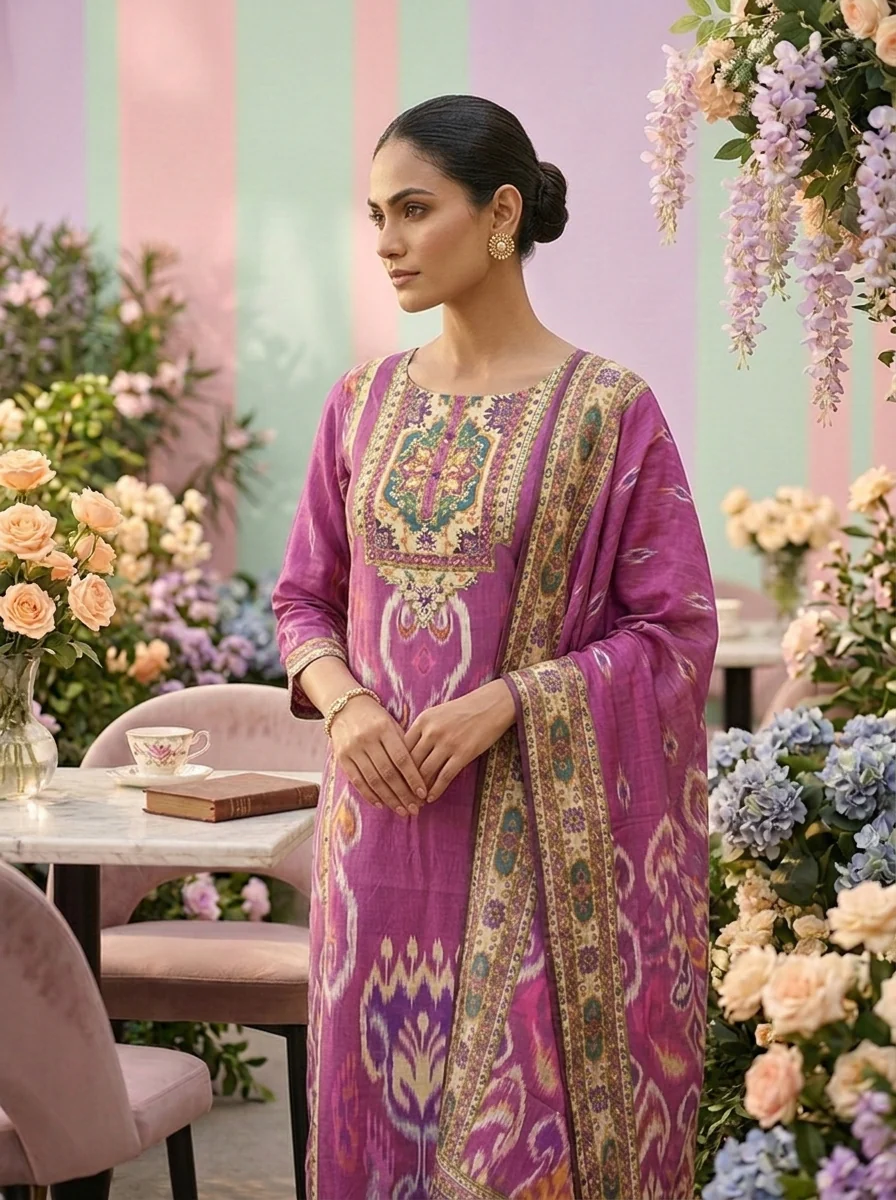Magenta Muslin Beads And Stone Embroidery Three Piece Set - Image 5