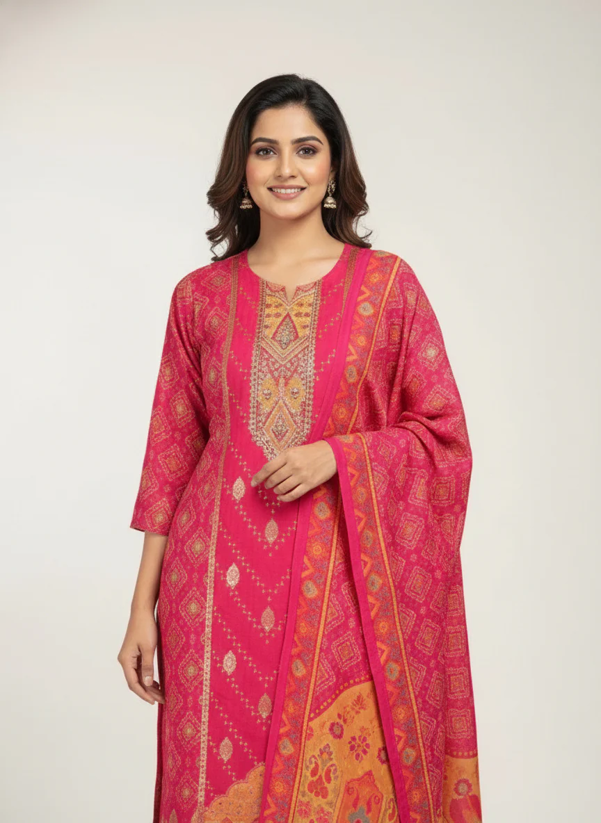 Magenta Muslin Digital Print Three Piece Set - Image 4