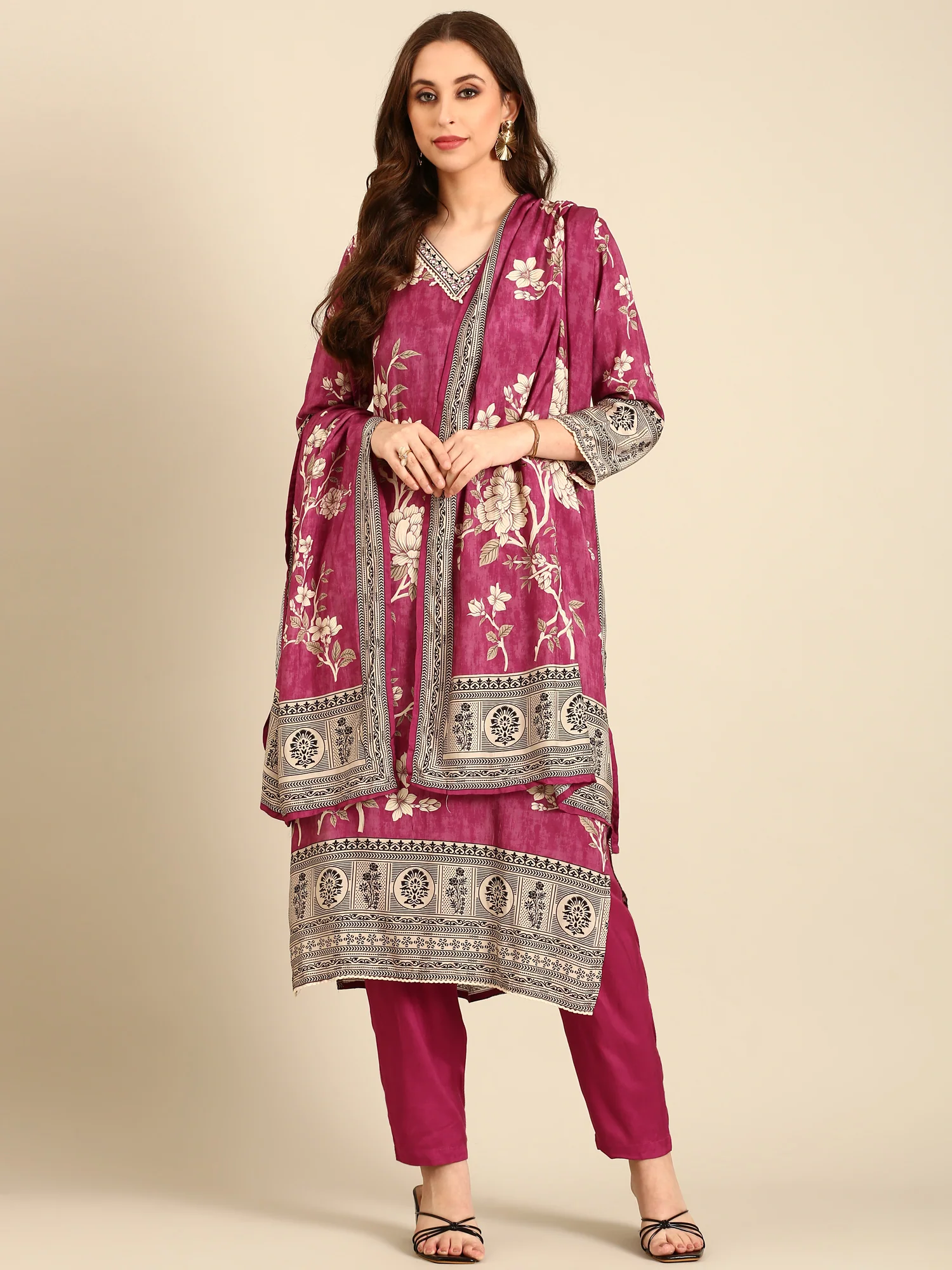 Magenta Muslin fabric three piece suit set - Image 5