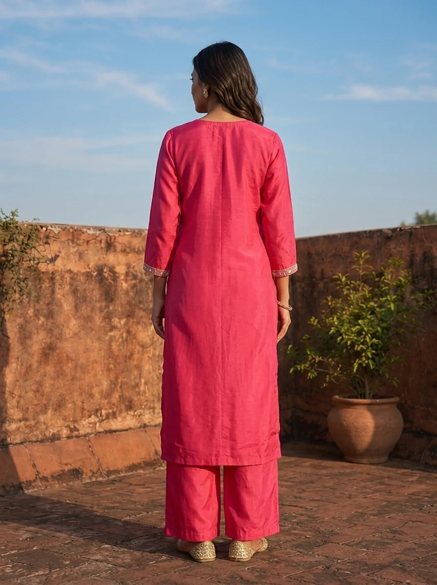 Magenta Muslin Geometric Mirror Motifs Embroidered Two Piece Set - Image 2