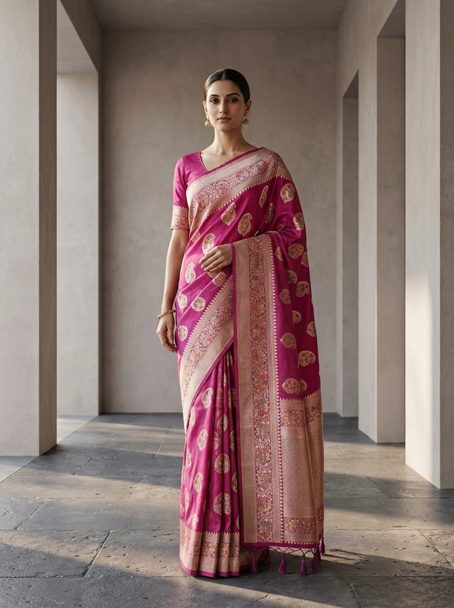 Magenta Paisley Design Silk Weaved Saree - Image 2
