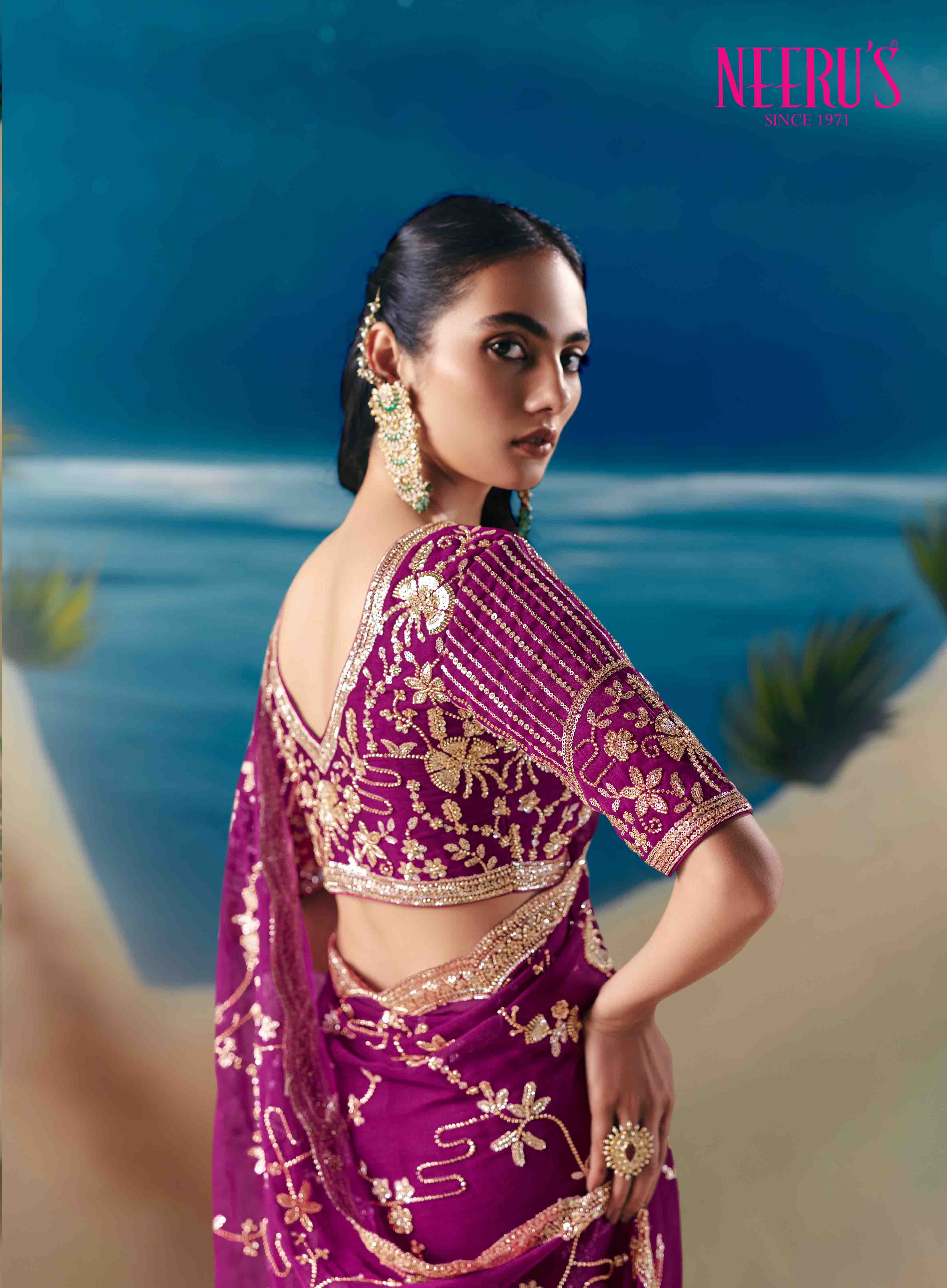 Magenta Tissue Saree With Heavy Stone And Hand Embroidery Work - Image 2