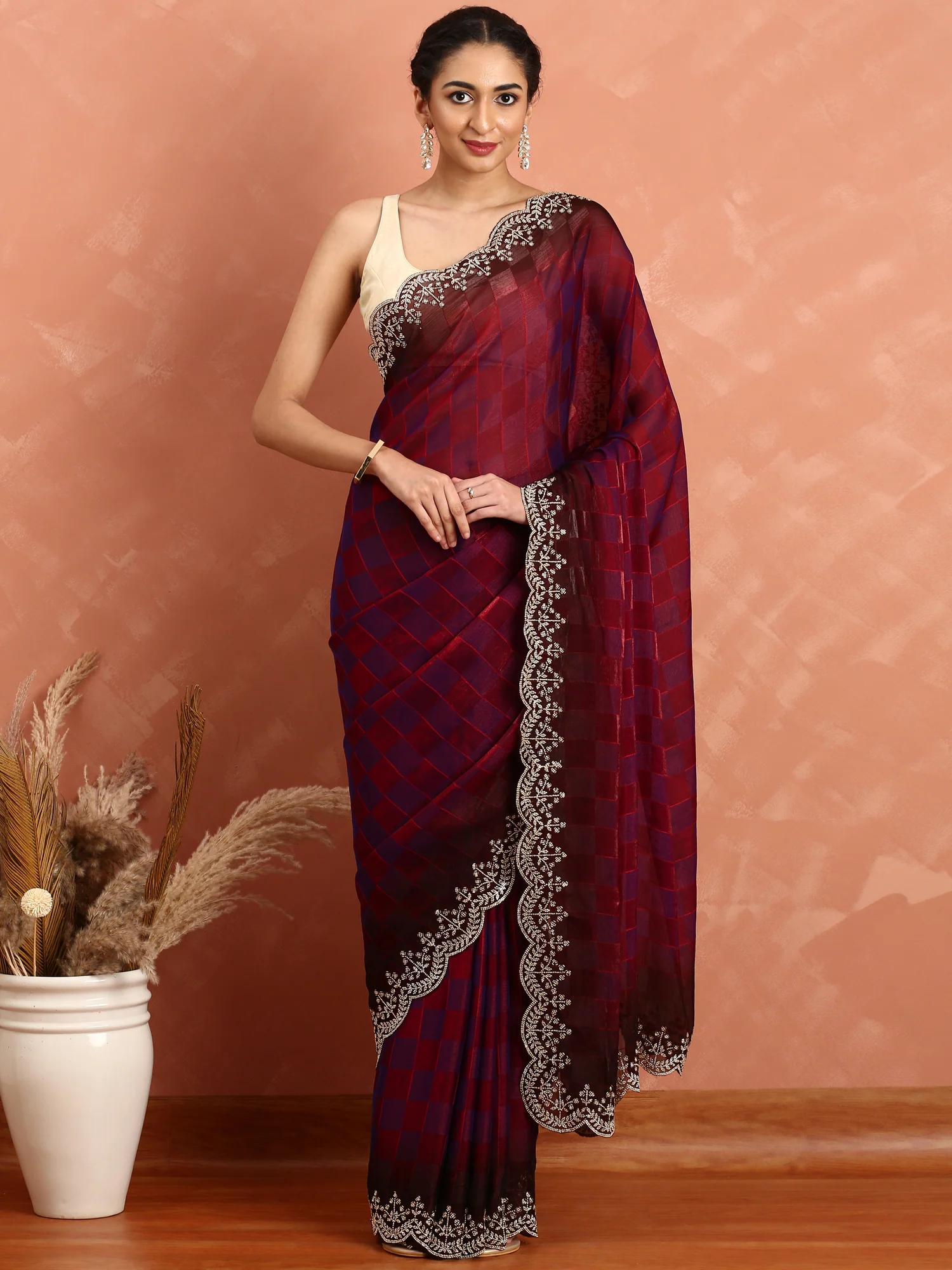 Maroon jacquard satin organza saree with hand embroidery - Image 2
