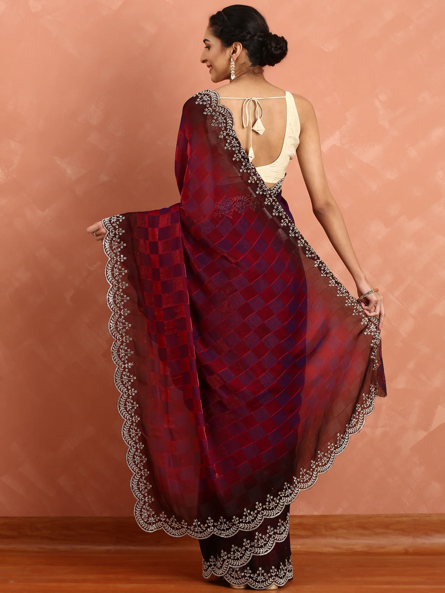 Maroon jacquard satin organza saree with hand embroidery - Image 3