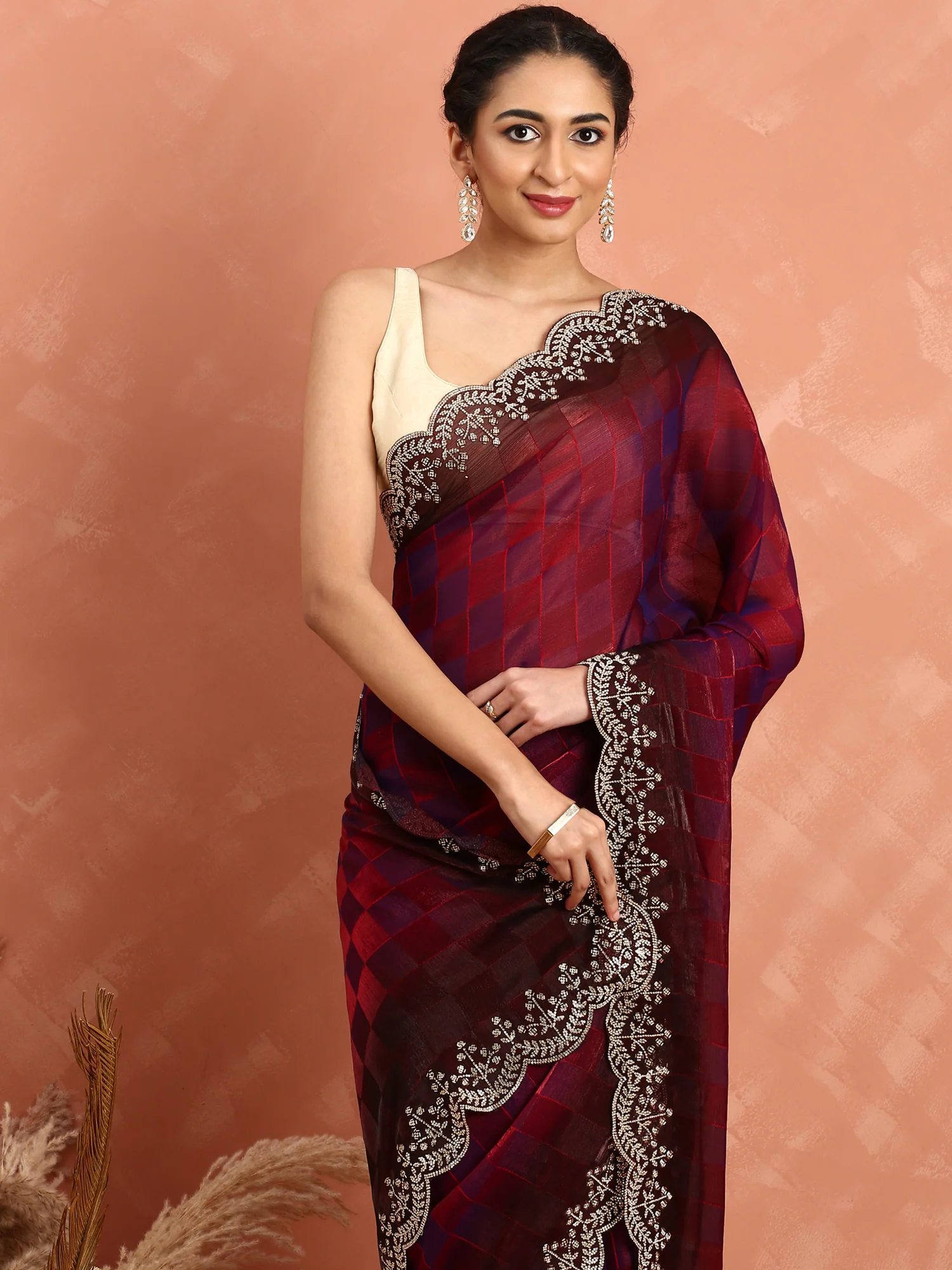 Maroon jacquard satin organza saree with hand embroidery - Image 4