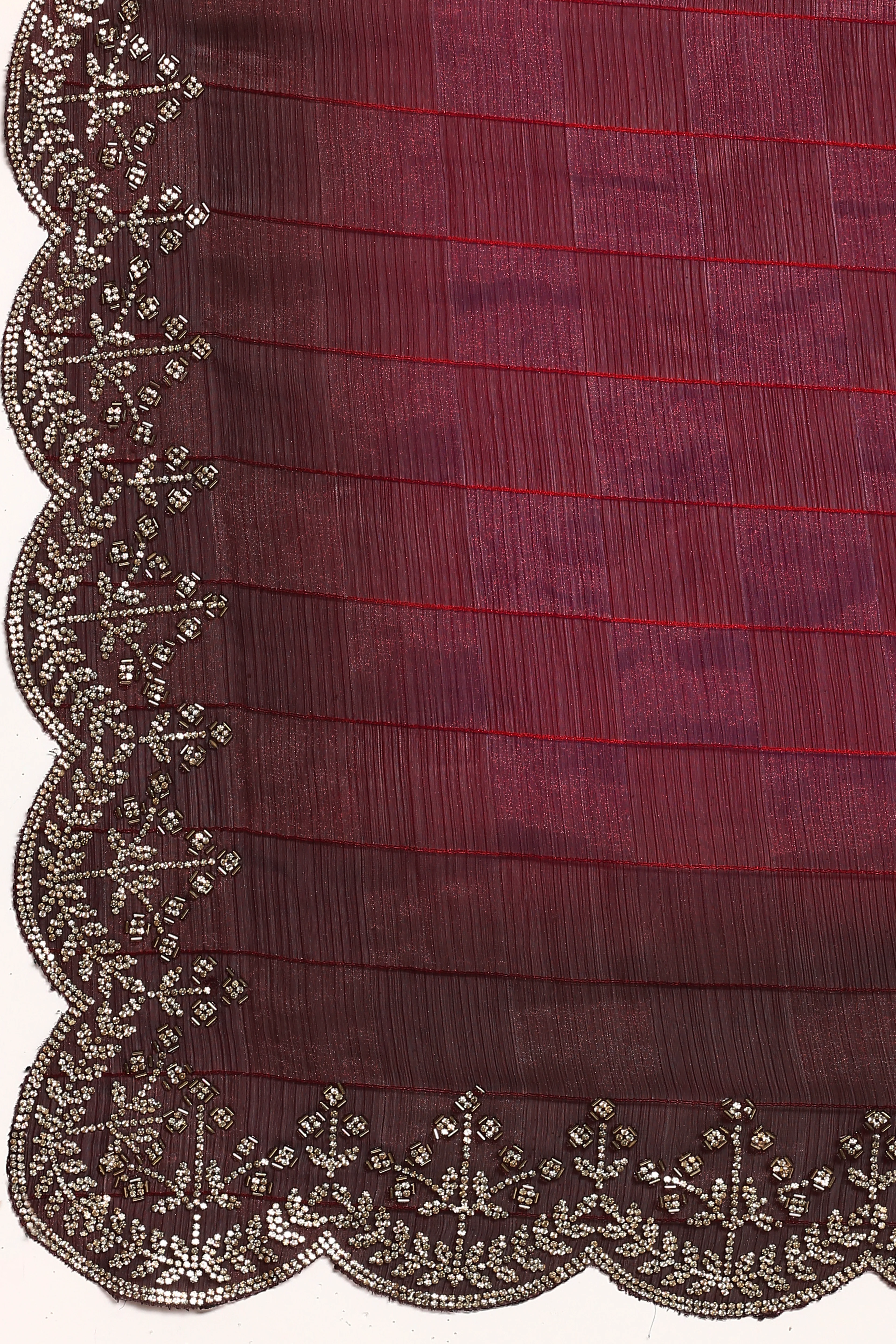 Maroon jacquard satin organza saree with hand embroidery - Image 6