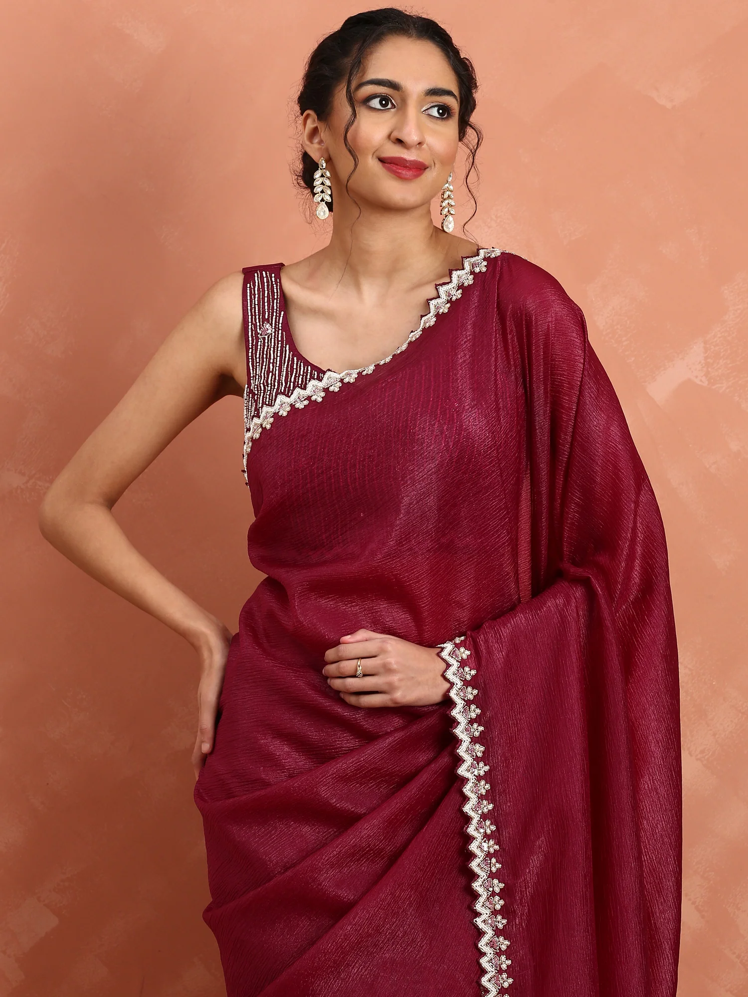 Mahroon Jimmy saree with cut Dana & pearl embroidery with ready made blouse - Image 3