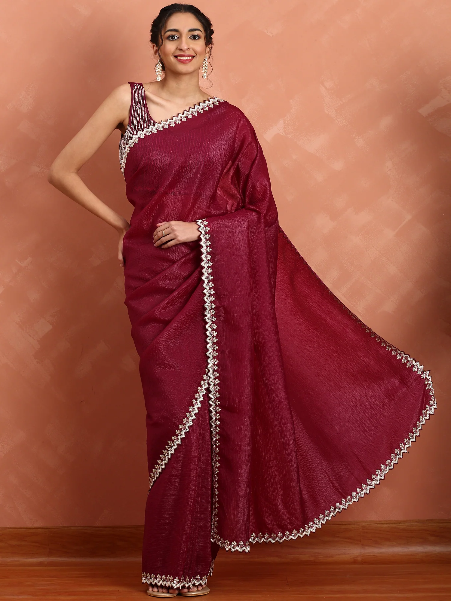 Mahroon Jimmy saree with cut Dana & pearl embroidery with ready made blouse - Image 4