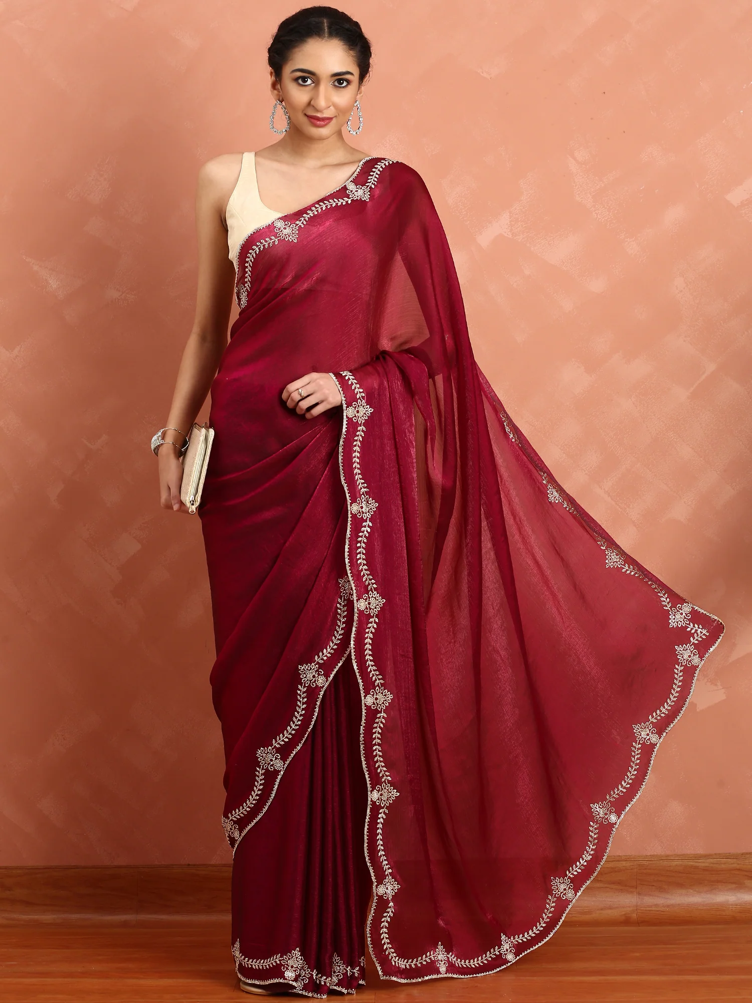 Mahroon jimmy tissue saree with cut Dana hand embroidery - Image 2