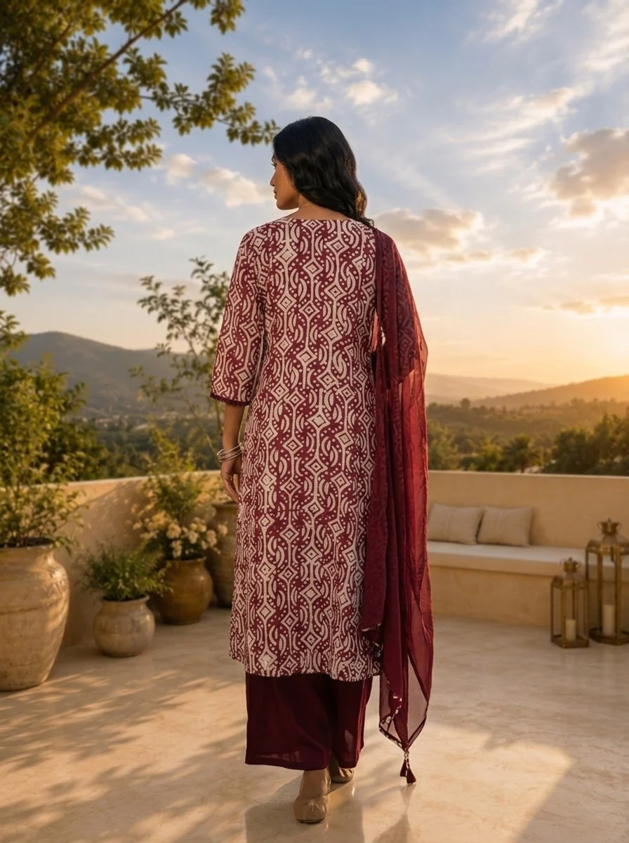 Maroon And White Organza Hand Block Printed Three Piece Set - Image 2