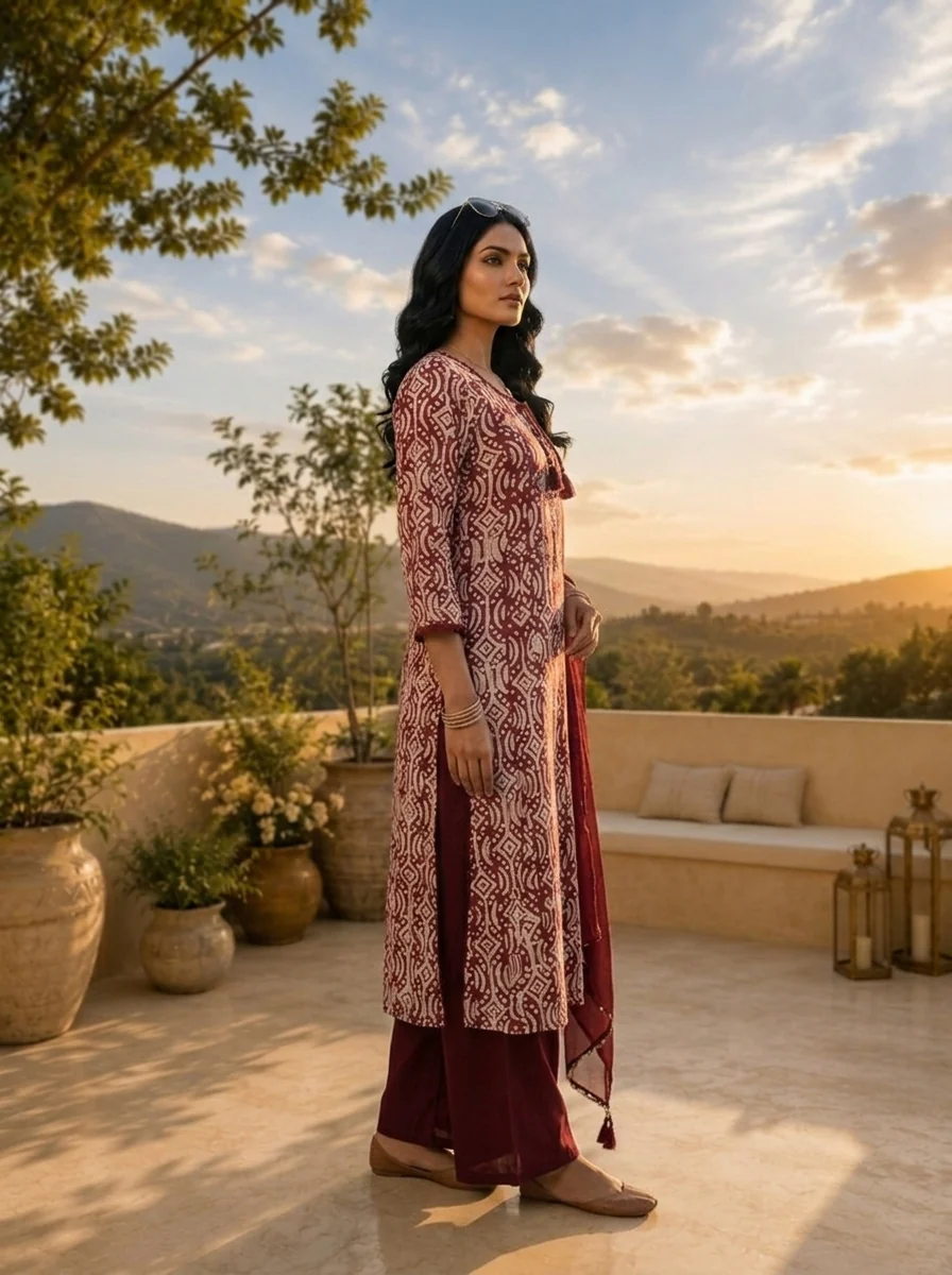 Maroon And White Organza Hand Block Printed Three Piece Set - Image 3