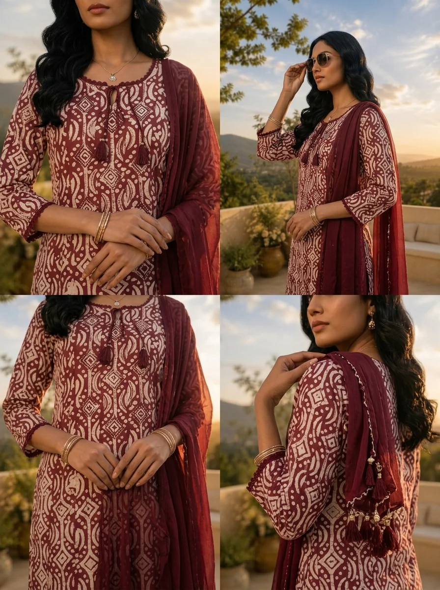 Maroon And White Organza Hand Block Printed Three Piece Set - Image 5