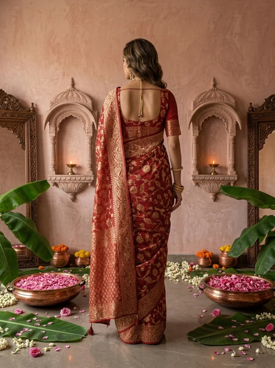 Maroon Banaras Weaved Floral Design Saree - Image 2