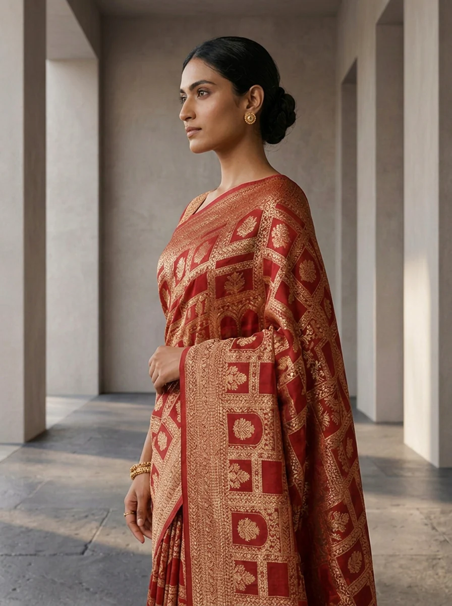 Maroon Banaras Weaved Saree - Image 3