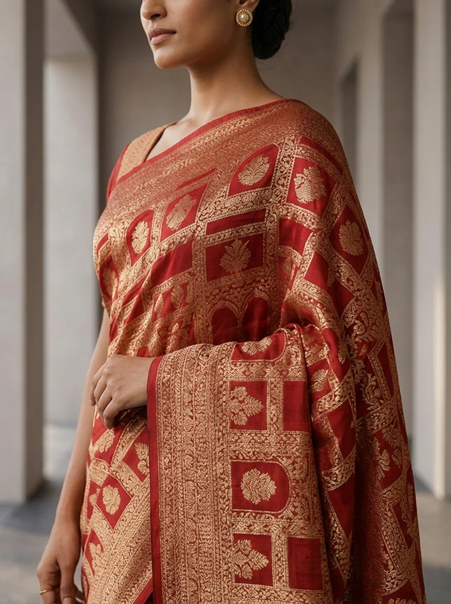 Maroon Banaras Weaved Saree - Image 4
