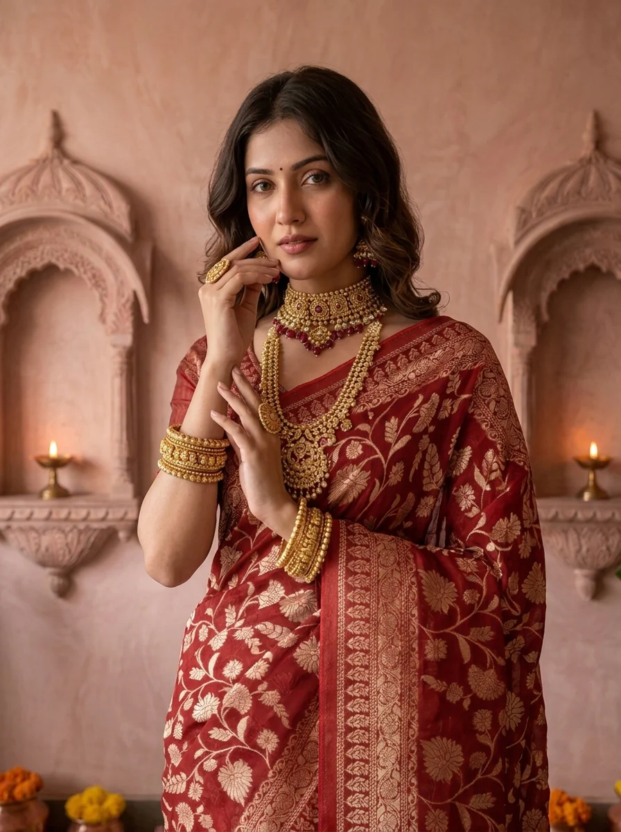 Maroon Banaras Weaved Saree With Floral Design - Image 3