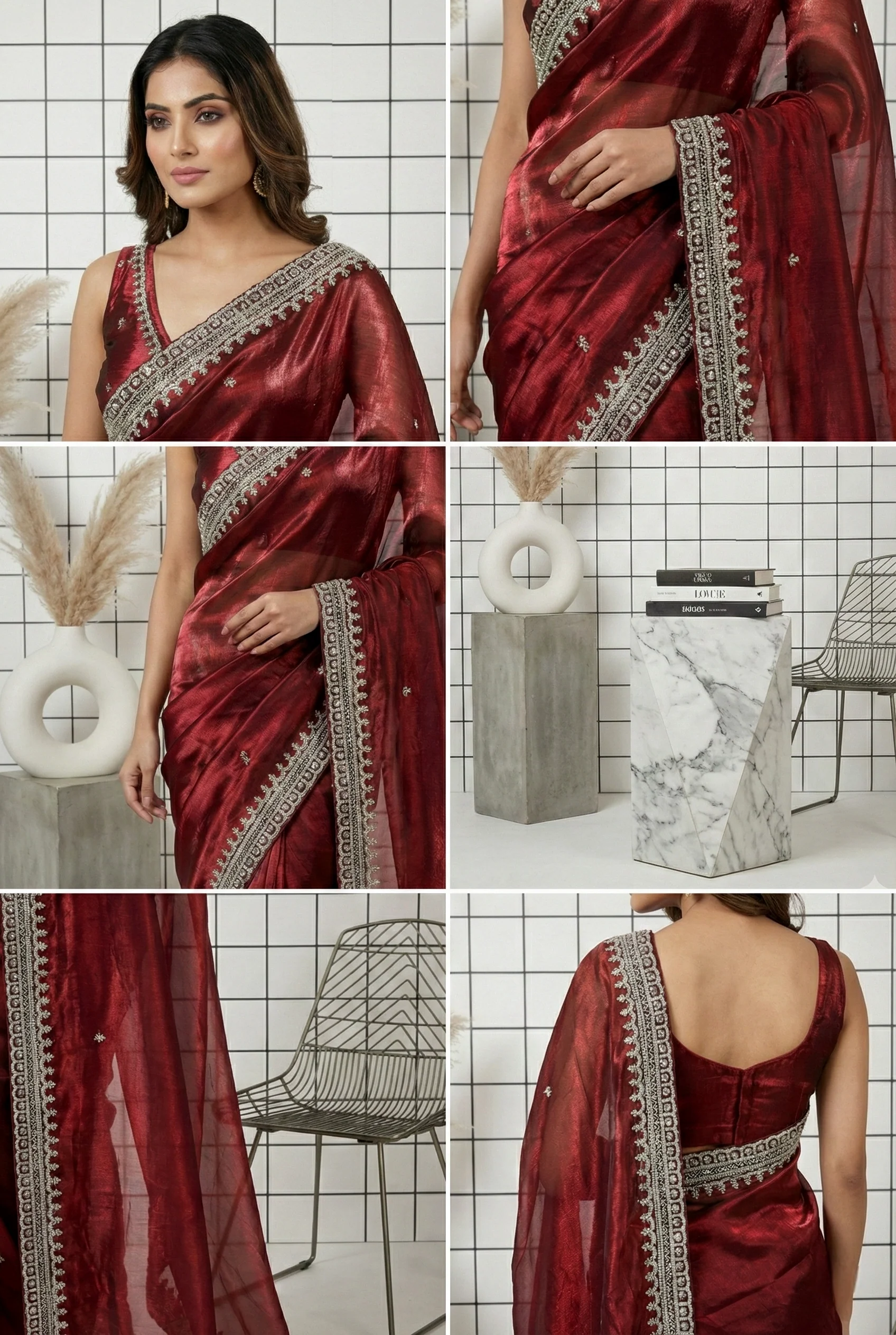 Maroon Beads Embroidered Organza Saree - Image 2