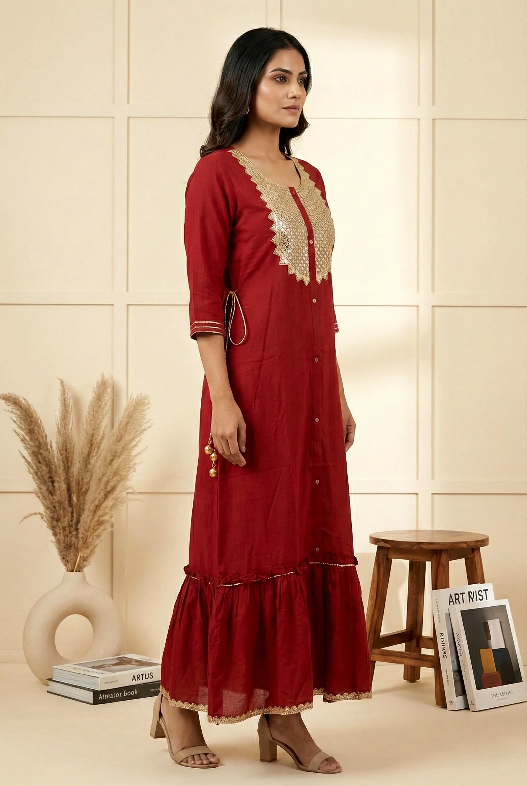 Maroon Chiffon Hand Embroidery Long Dress - Image 2
