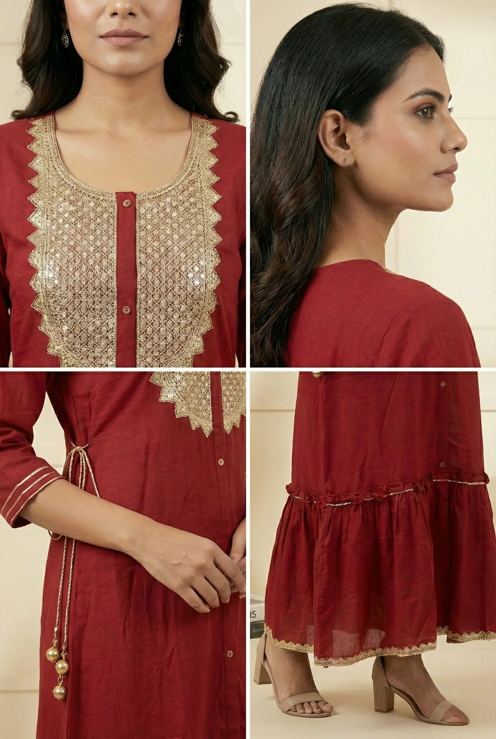Maroon Chiffon Hand Embroidery Long Dress - Image 3