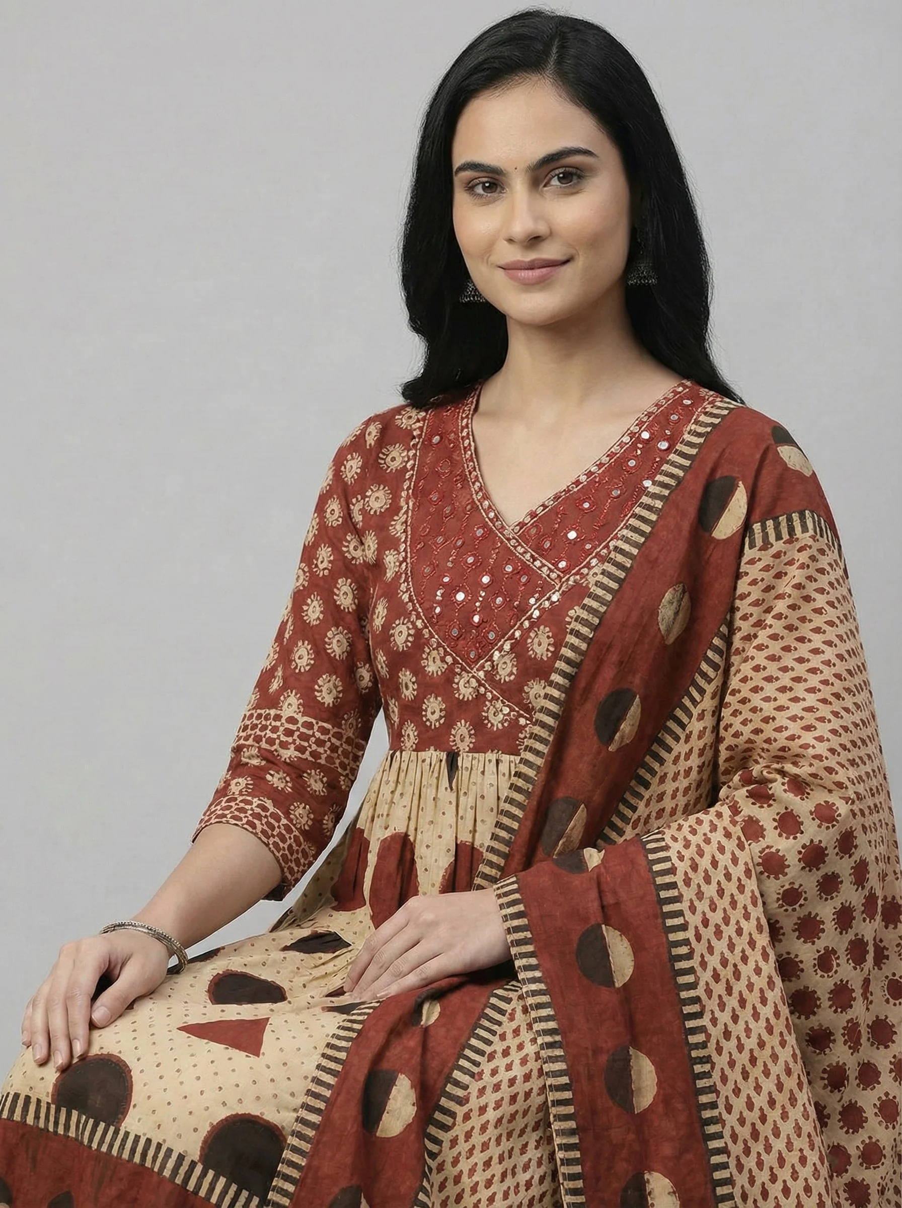 Maroon Cotton Digital Print Three Piece Set - Image 2