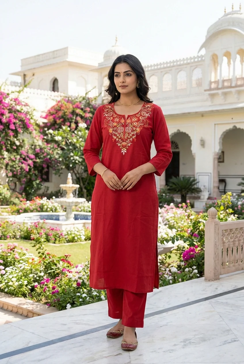 Maroon Cotton Embroidery Two Piece Set