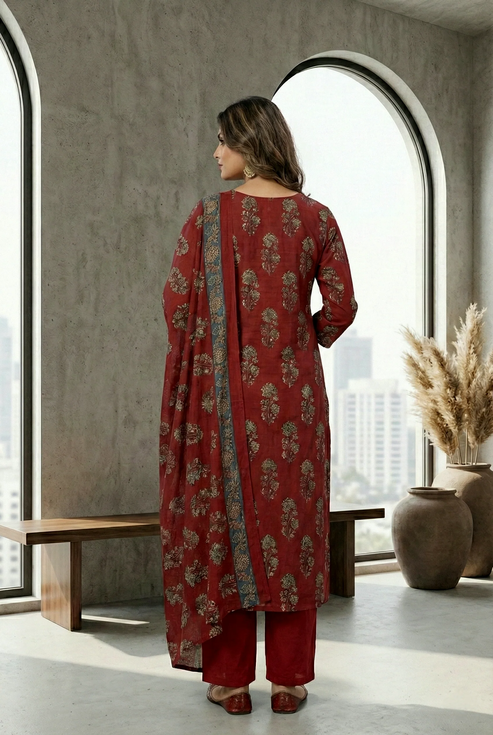 Maroon Cotton Floral Digital Printed Three Piece Set - Image 3