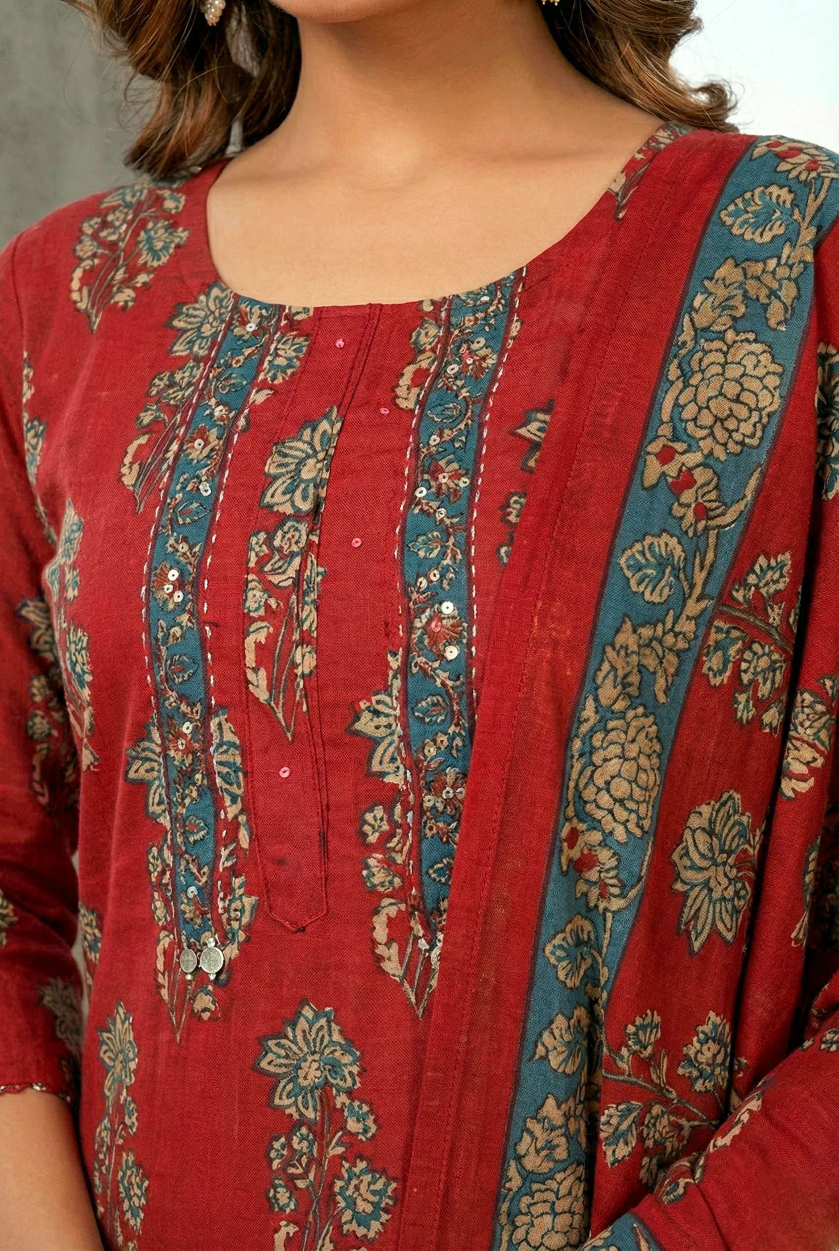 Maroon Cotton Floral Digital Printed Three Piece Set - Image 4
