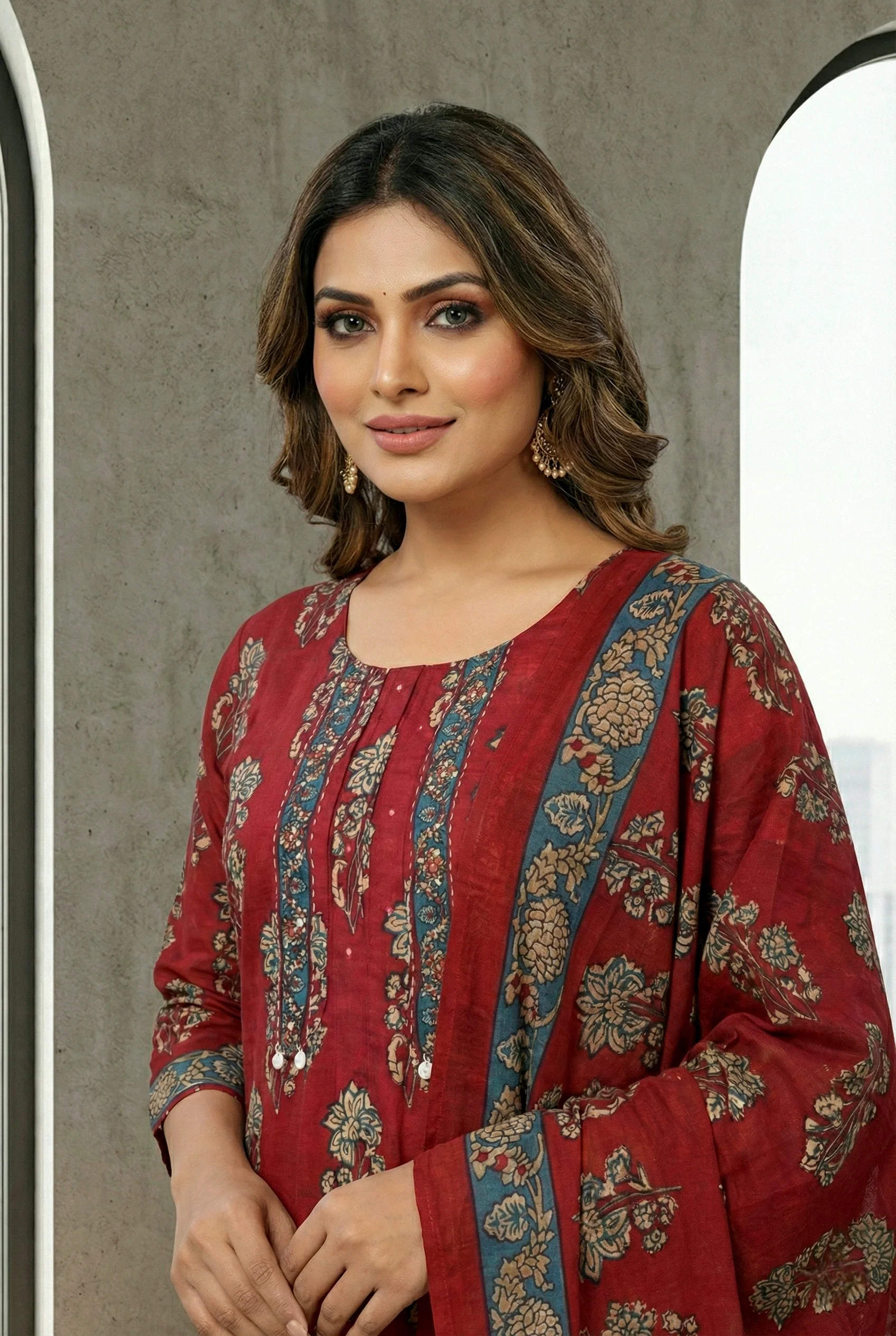Maroon Cotton Floral Digital Printed Three Piece Set - Image 5