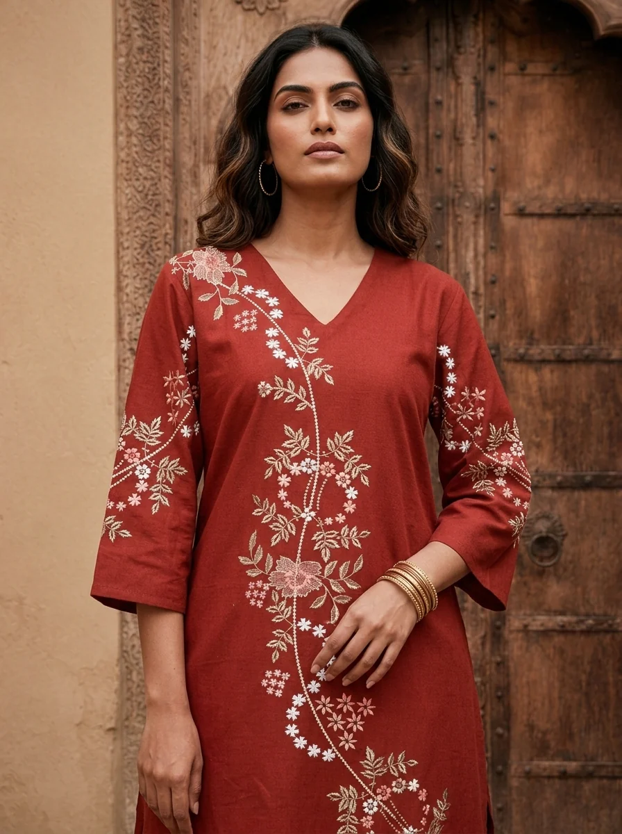 Maroon Cotton Floral Embroidery Two Piece Set - Image 4