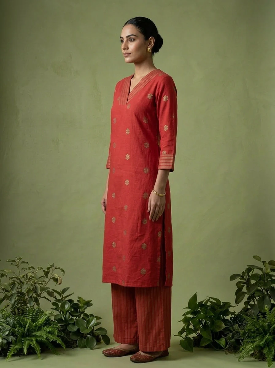 Maroon Cotton Floral Thread Embroidered Two Piece Set - Image 2