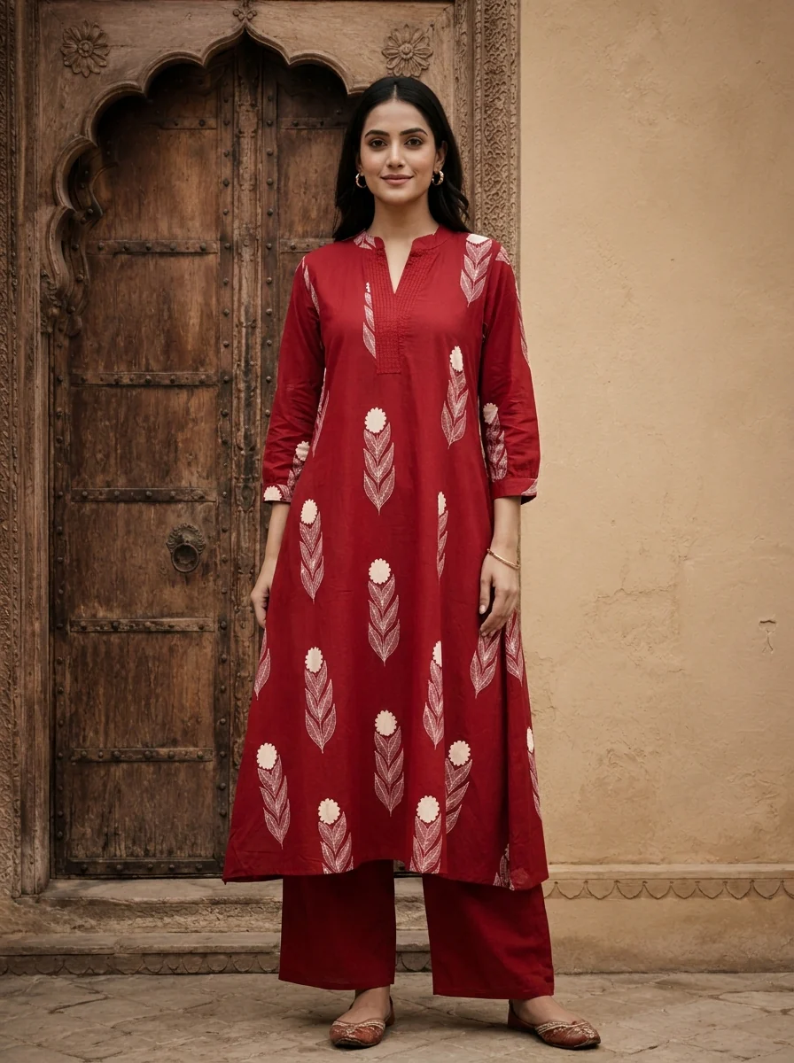 Maroon Cotton Hand Block Printed Two Piece Set - Image 2