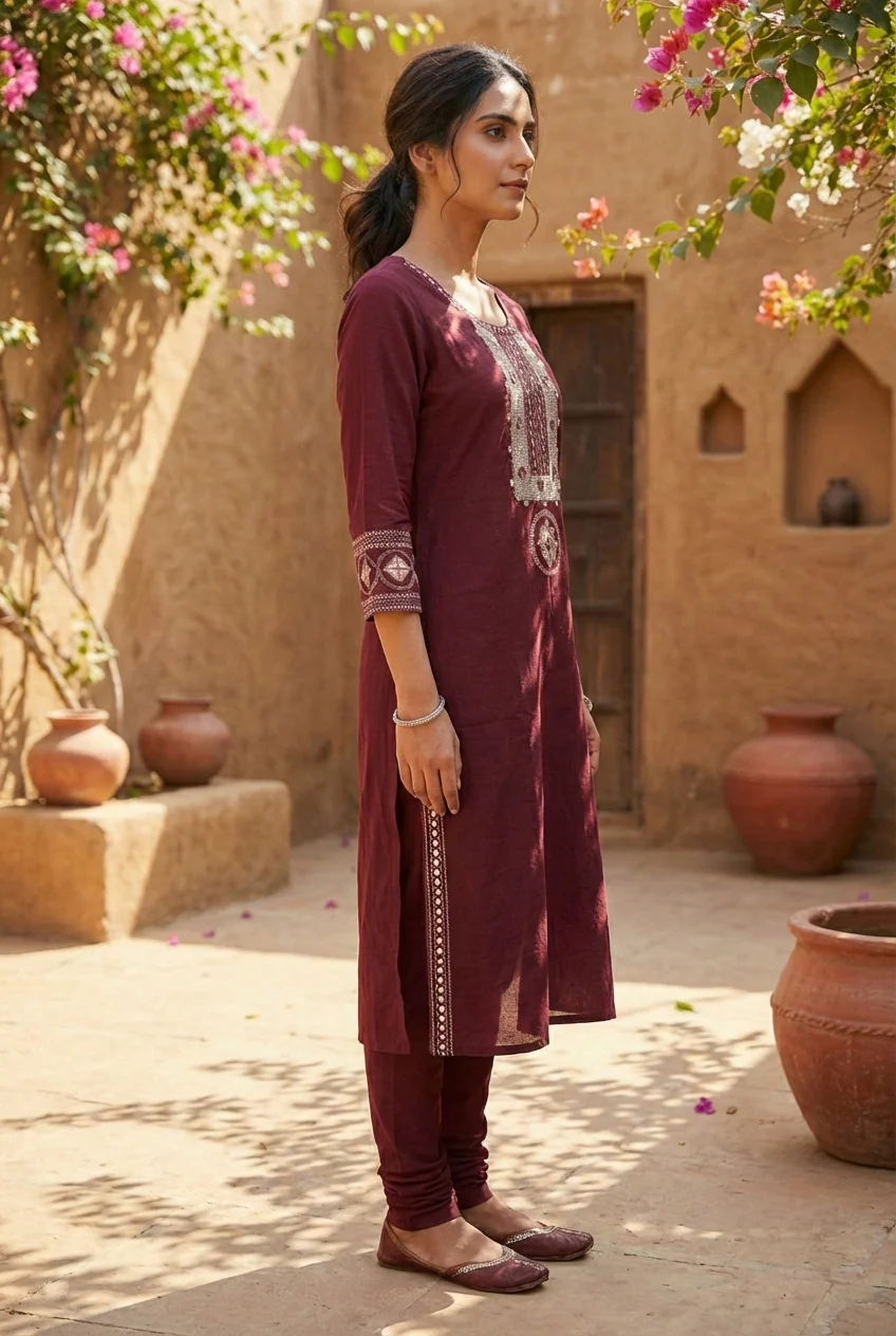 Maroon Cotton Hand Embroidery Kurta - Image 3
