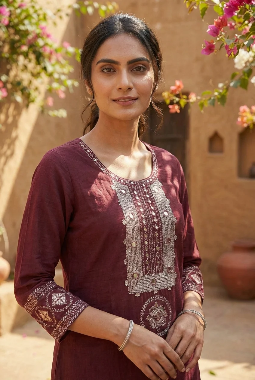Maroon Cotton Hand Embroidery Kurta - Image 4