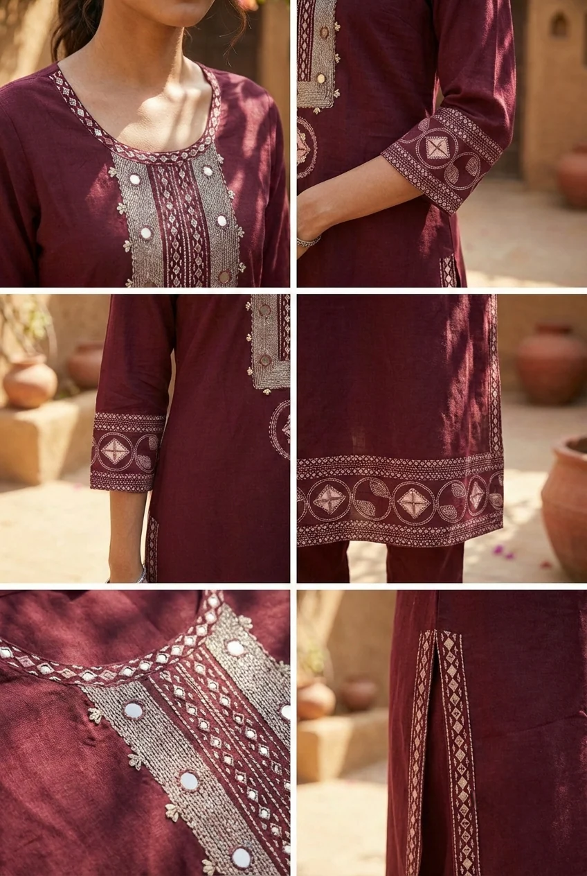 Maroon Cotton Hand Embroidery Kurta - Image 5