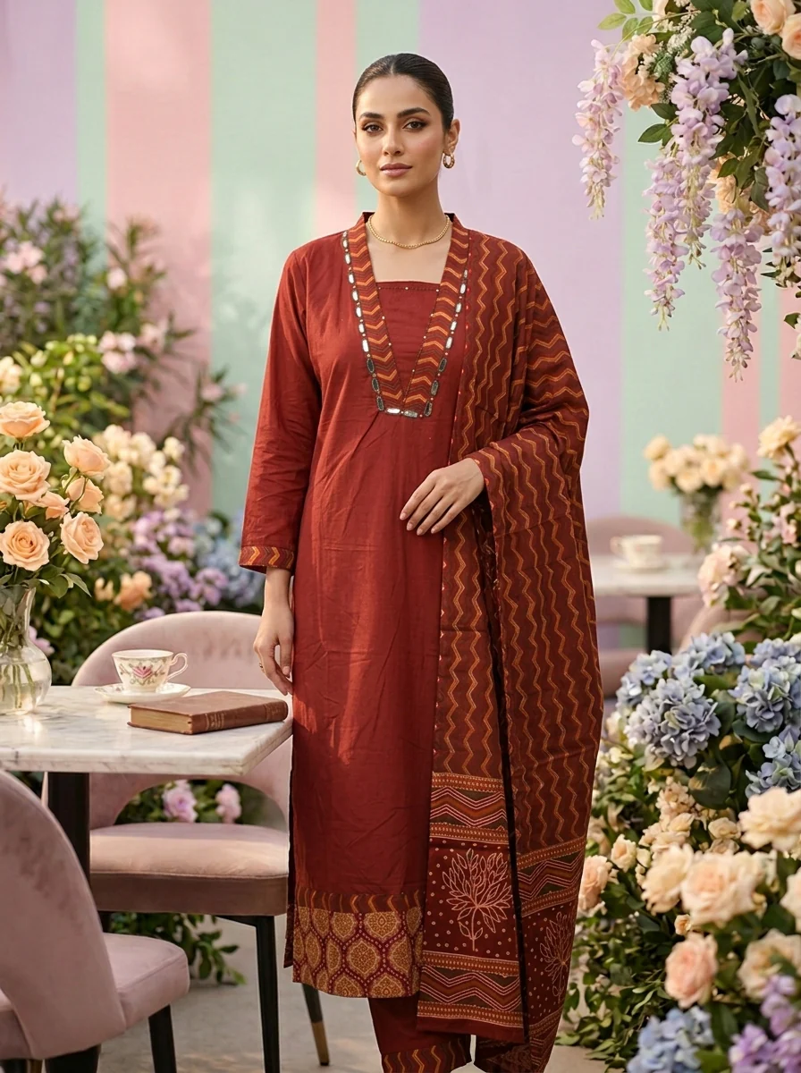 Maroon Cotton Mirror Embroidery Three Piece Set