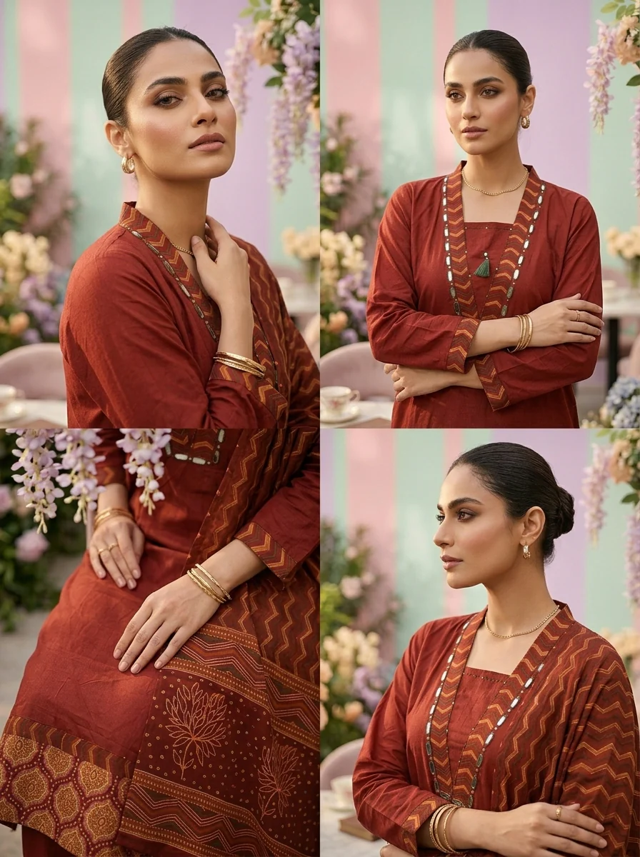 Maroon Cotton Mirror Embroidery Three Piece Set - Image 2