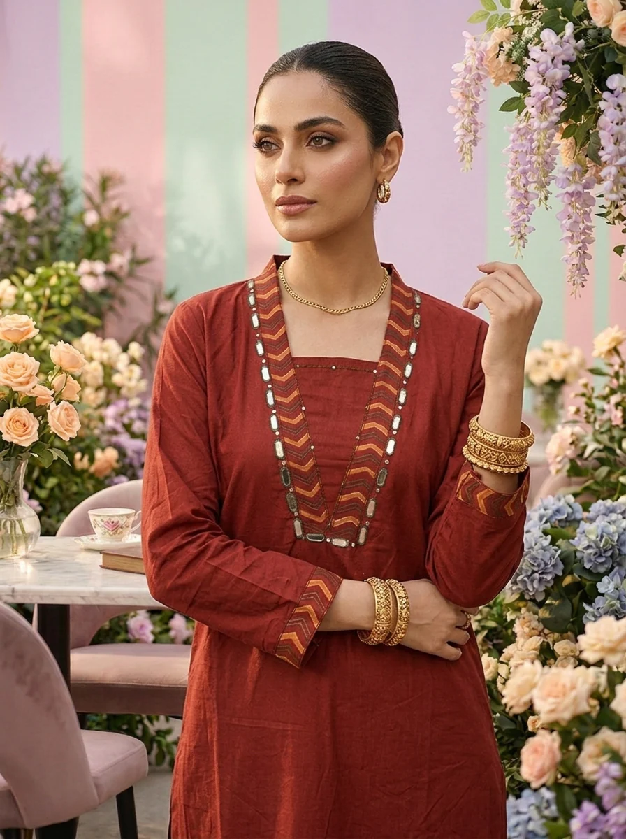 Maroon Cotton Mirror Embroidery Three Piece Set - Image 4