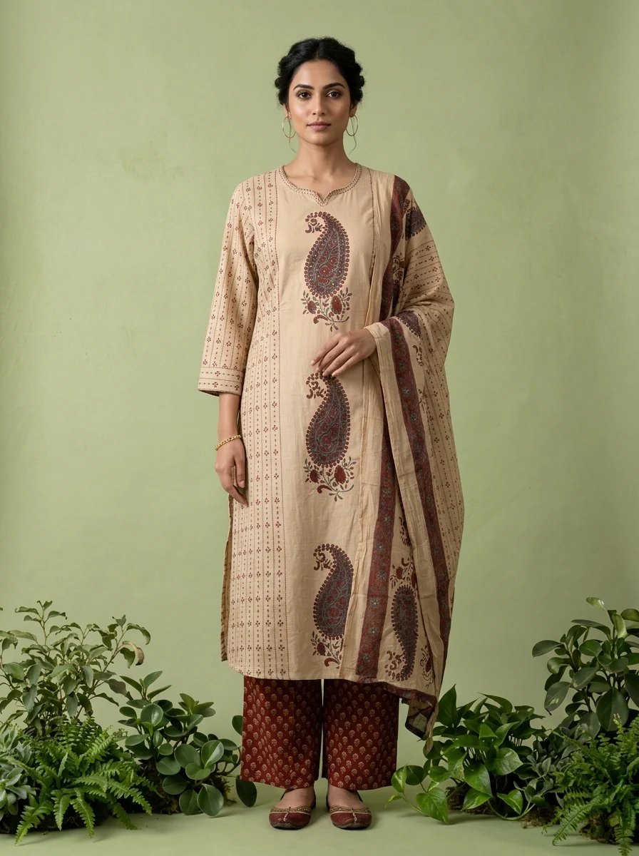 Maroon Cotton Paisley Printed Three Piece Set - Image 2