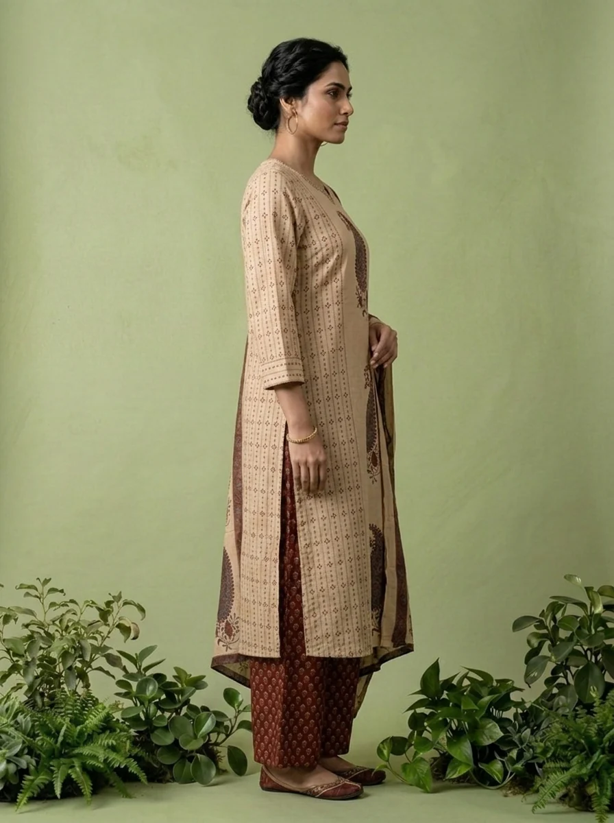Maroon Cotton Paisley Printed Three Piece Set - Image 4