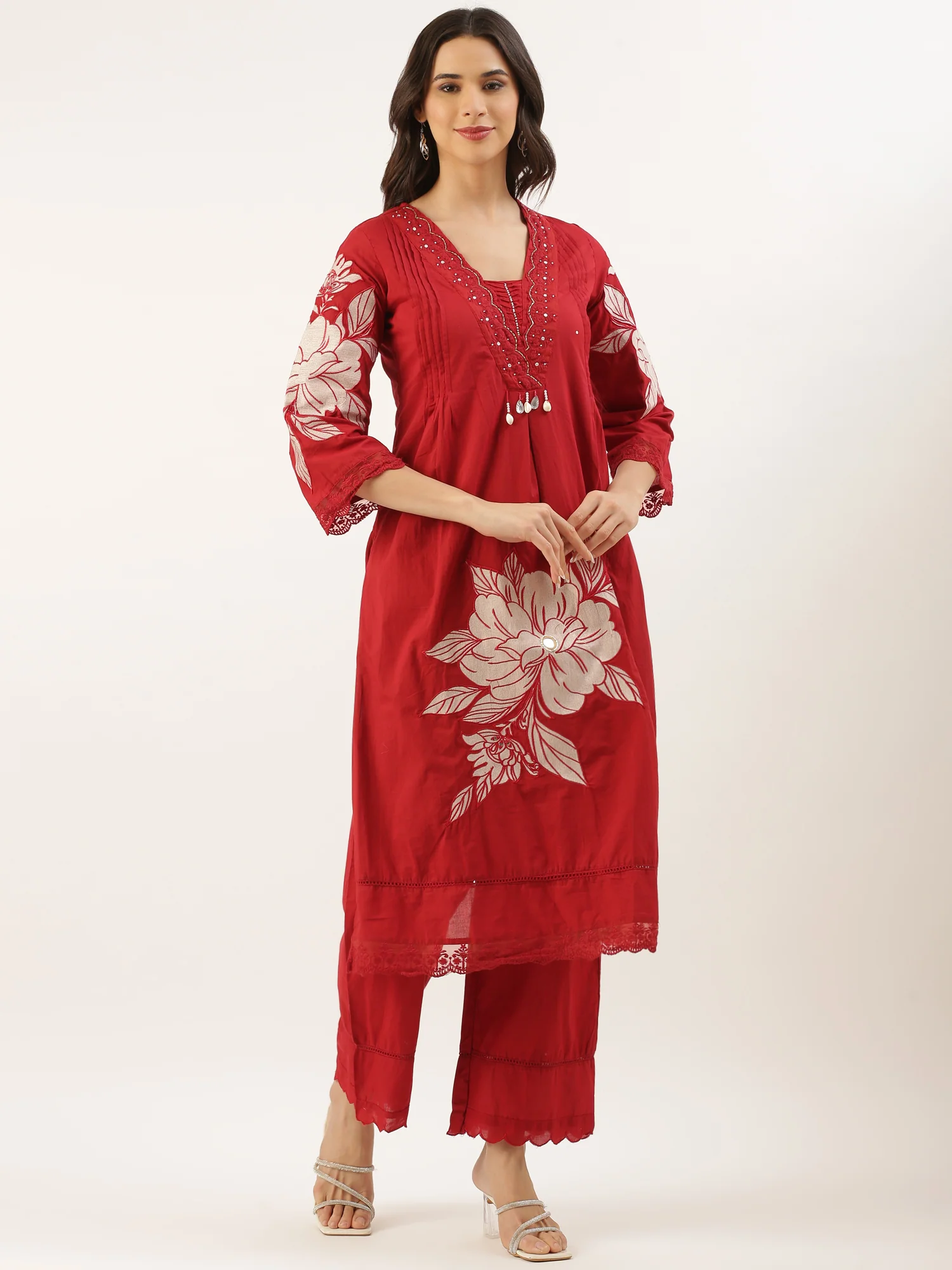 Maroon Cotton Print With Embroidery Three Piece Suit Set - Image 2
